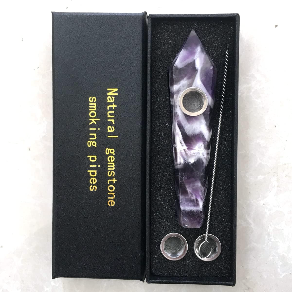 Natural Dream Amethyst Crystal Point Pipe with Metal Screen, Dream Amethyst Tower,Purple and White Multi-Color, crystal gift