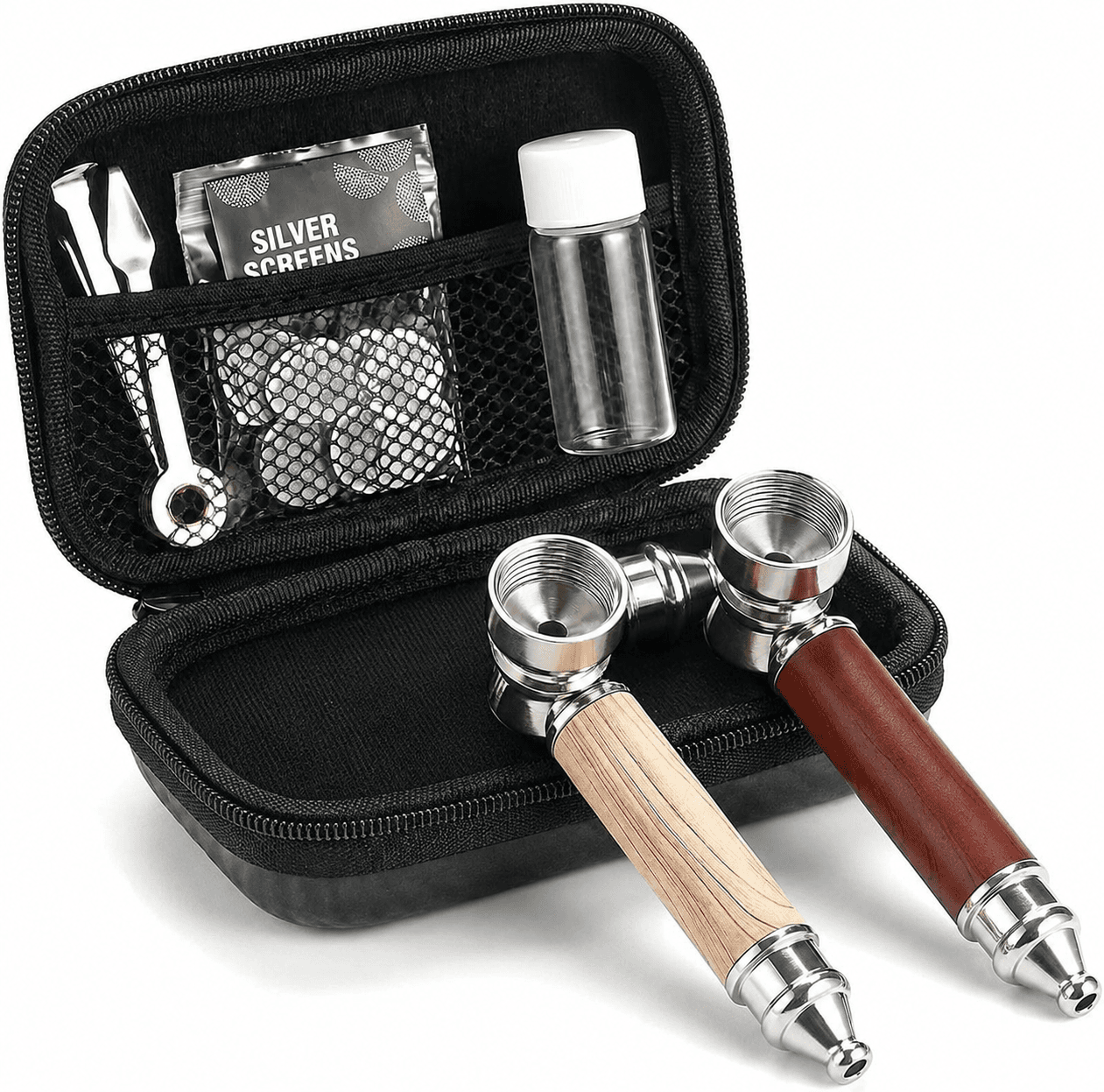 (2) 3 inch Short Realistic Wood Grain Smoking Pipe With Cleaner Tamper Tool Black Bag, Includes Case for Everyday Use and Gifting Set