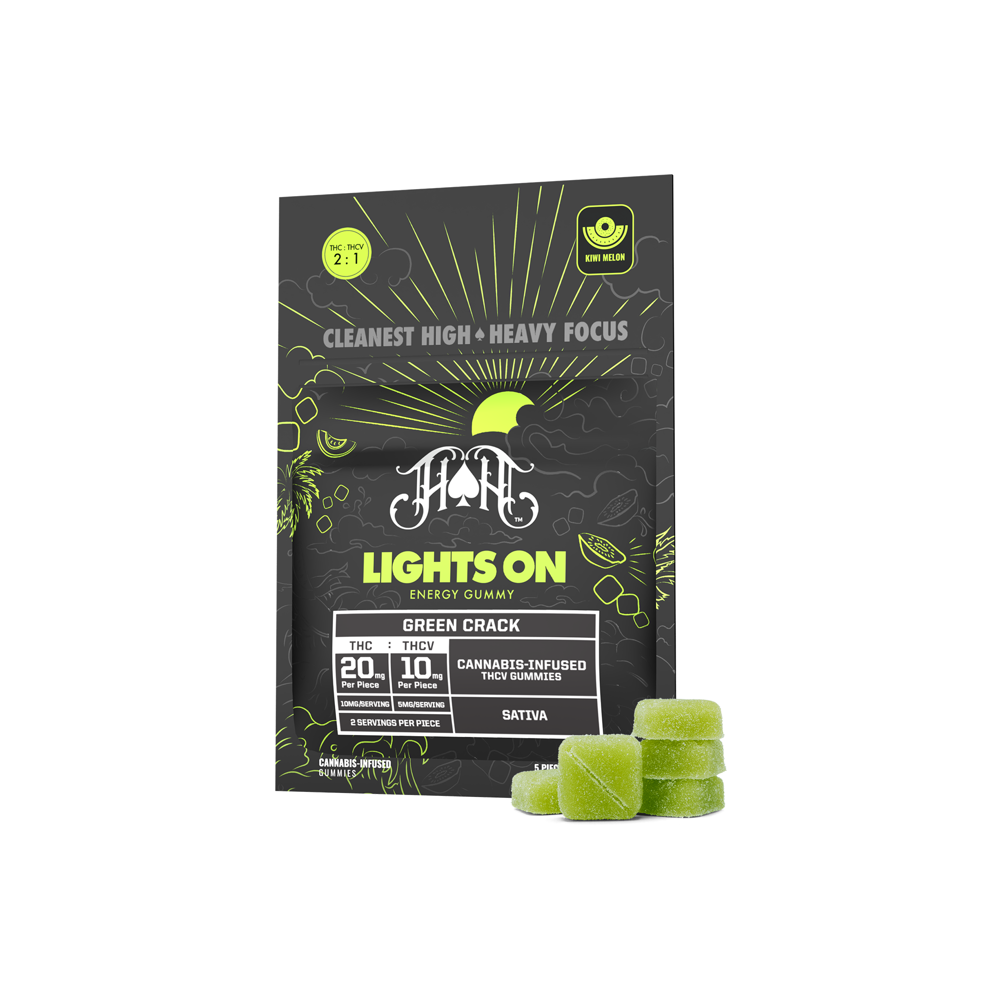 Green Crack | Lights On THCV Energy Gummies - 100mg THC | 50mg THCV - Heavy Hitters